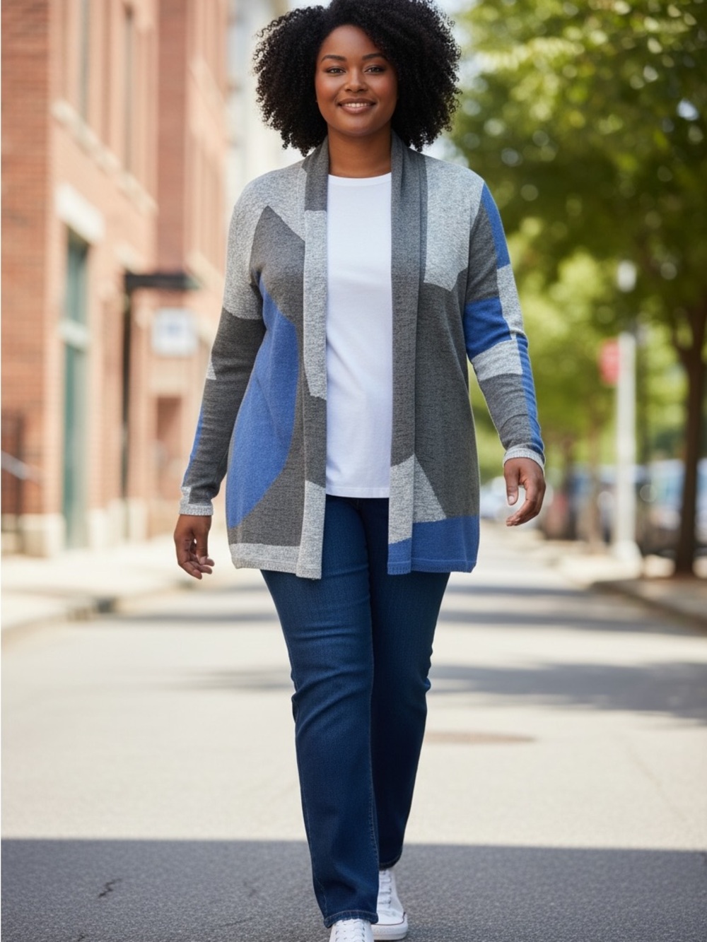 NIC+ZOE Overlands Blue and Gray Colorblock Open-Front Cardigan | Size L
